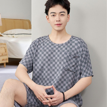 Vyrų pižamų komplektas iš medvilnės-silko, apvalios kaklo, 3/4 rankovės, šortai, lengvi namų drabužiai vasarai 2025