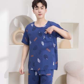 Vyrų pižamų komplektas iš medvilnės-silko, apvalios kaklo, 3/4 rankovės, šortai, lengvi namų drabužiai vasarai 2025