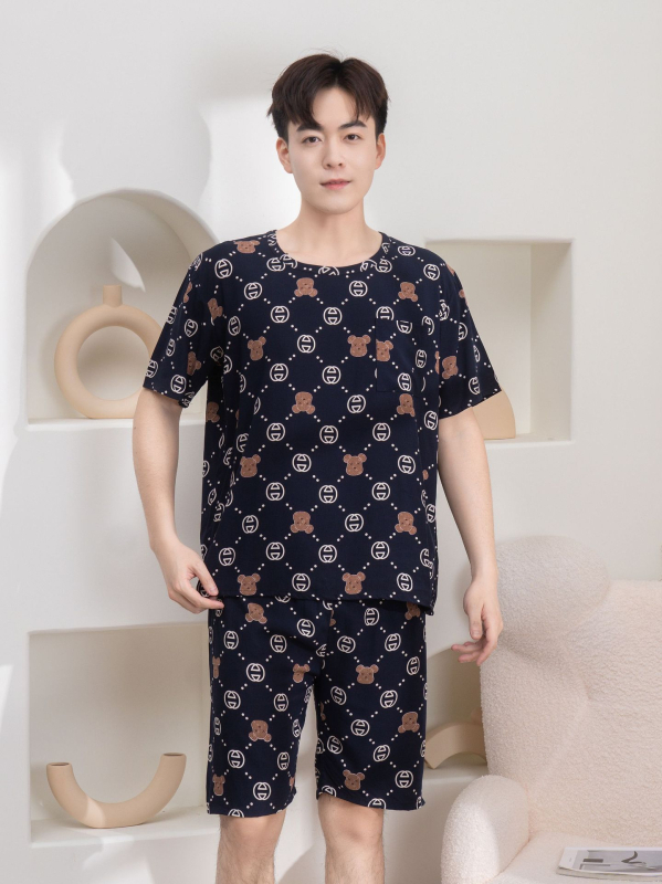 Vyrų pižamų komplektas iš medvilnės-silko, apvalios kaklo, 3/4 rankovės, šortai, lengvi namų drabužiai vasarai 2025