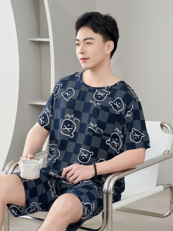 Vyrų pižamų komplektas iš medvilnės-silko, apvalios kaklo, 3/4 rankovės, šortai, lengvi namų drabužiai vasarai 2025