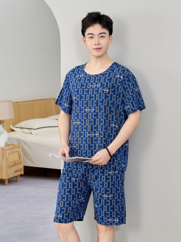 Vyrų pižamų komplektas iš medvilnės-silko, apvalios kaklo, 3/4 rankovės, šortai, lengvi namų drabužiai vasarai 2025