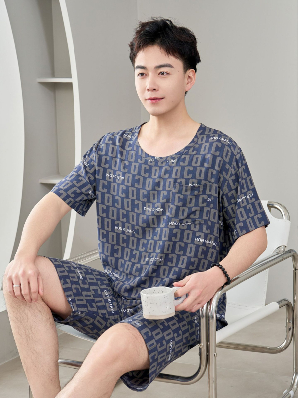 Vyrų pižamų komplektas iš medvilnės-silko, apvalios kaklo, 3/4 rankovės, šortai, lengvi namų drabužiai vasarai 2025