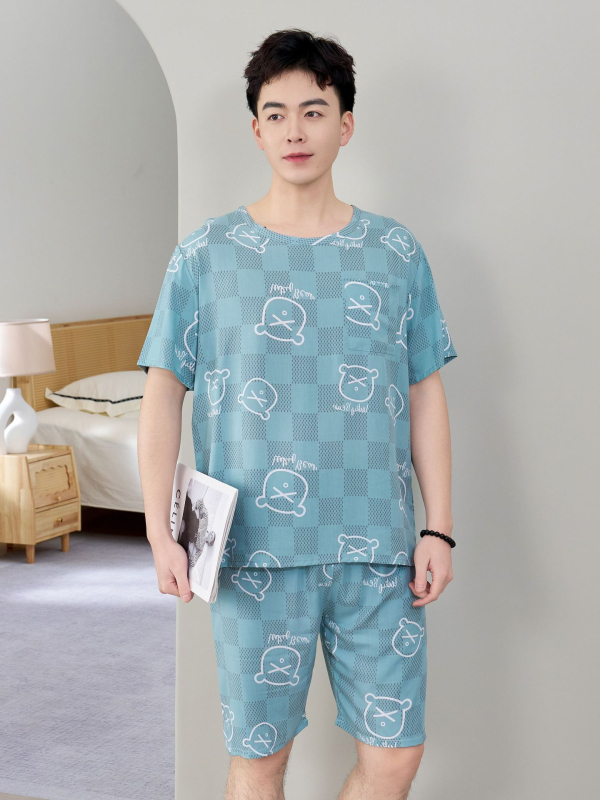 Vyrų pižamų komplektas iš medvilnės-silko, apvalios kaklo, 3/4 rankovės, šortai, lengvi namų drabužiai vasarai 2025