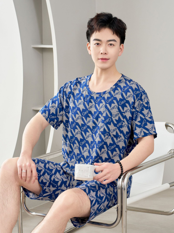 Vyrų pižamų komplektas iš medvilnės-silko, apvalios kaklo, 3/4 rankovės, šortai, lengvi namų drabužiai vasarai 2025