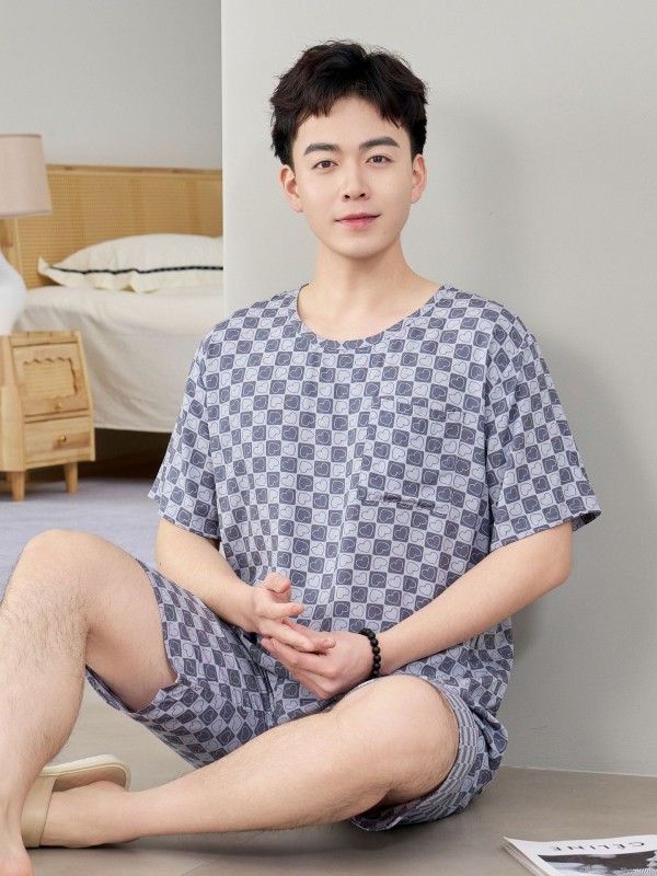 Vyrų pižamų komplektas iš medvilnės-silko, apvalios kaklo, 3/4 rankovės, šortai, lengvi namų drabužiai vasarai 2025