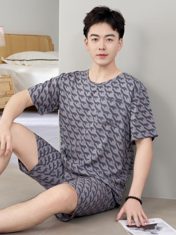 Vyrų pižamų komplektas iš medvilnės-silko, apvalios kaklo, 3/4 rankovės, šortai, lengvi namų drabužiai vasarai 2025
