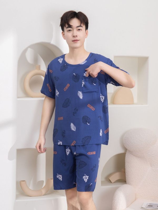 Vyrų pižamų komplektas iš medvilnės-silko, apvalios kaklo, 3/4 rankovės, šortai, lengvi namų drabužiai vasarai 2025