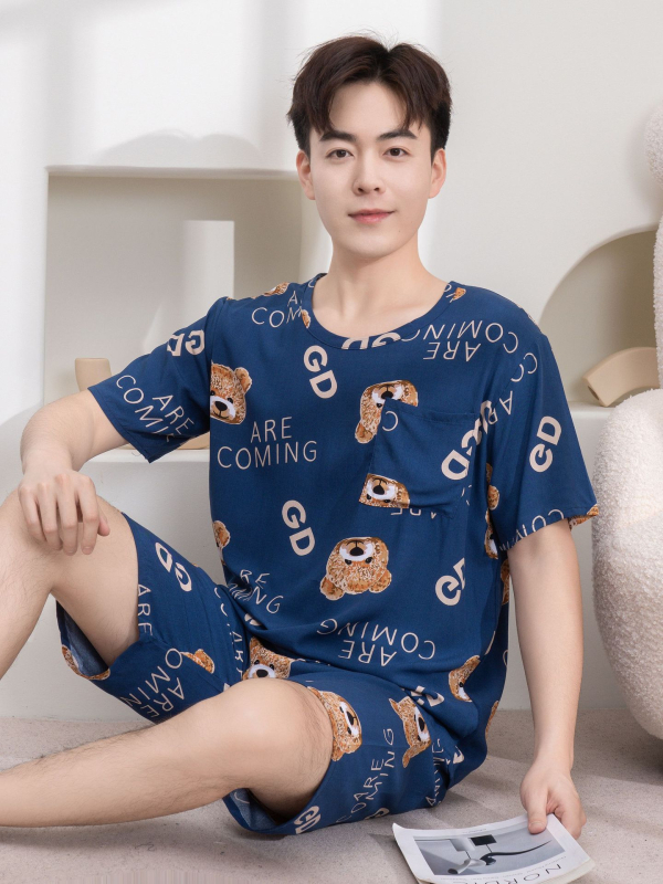 Vyrų pižamų komplektas iš medvilnės-silko, apvalios kaklo, 3/4 rankovės, šortai, lengvi namų drabužiai vasarai 2025