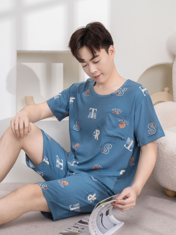 Vyrų pižamų komplektas iš medvilnės-silko, apvalios kaklo, 3/4 rankovės, šortai, lengvi namų drabužiai vasarai 2025
