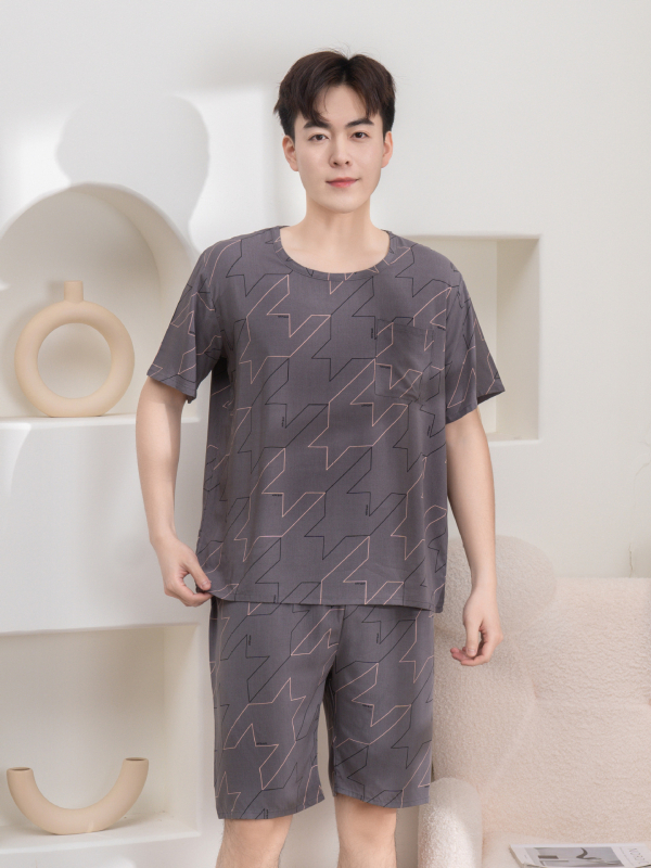 Vyrų pižamų komplektas iš medvilnės-silko, apvalios kaklo, 3/4 rankovės, šortai, lengvi namų drabužiai vasarai 2025