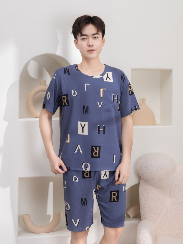 Vyrų pižamų komplektas iš medvilnės-silko, apvalios kaklo, 3/4 rankovės, šortai, lengvi namų drabužiai vasarai 2025
