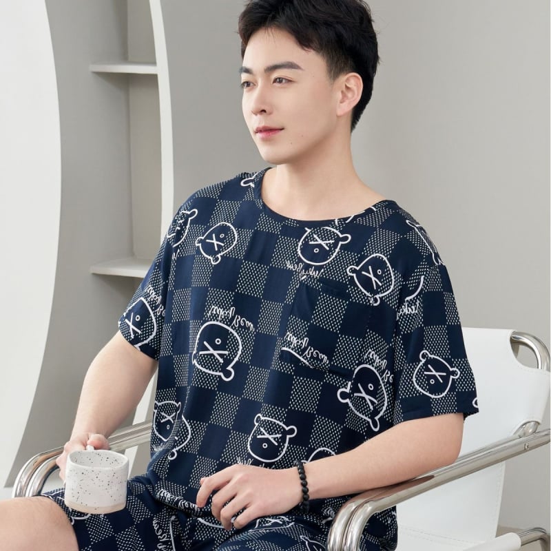 Vyrų pižamų komplektas iš medvilnės-silko, apvalios kaklo, 3/4 rankovės, šortai, lengvi namų drabužiai vasarai 2025