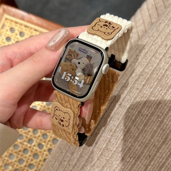 Remen za Apple Watch 22 mm s plišanim medvjedom, karikatura dizajn, magnetska kopča, corduroy, kompatibilan sa SE, jesen-zima.