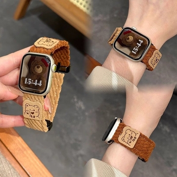 Remen za Apple Watch 22 mm s plišanim medvjedom, karikatura dizajn, magnetska kopča, corduroy, kompatibilan sa SE, jesen-zima.