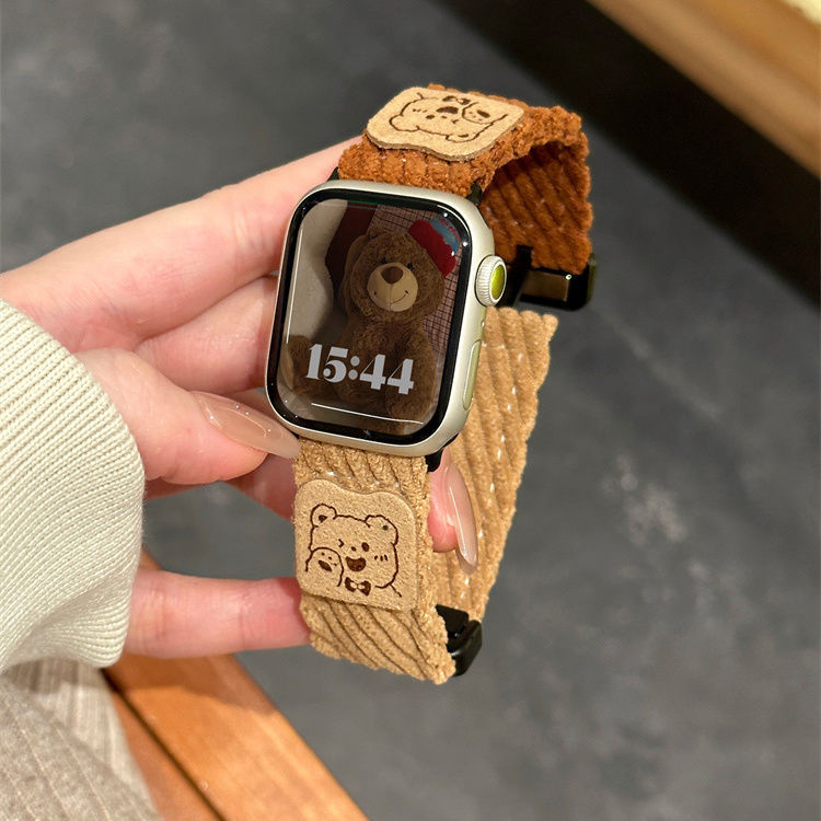 Remen za Apple Watch 22 mm s plišanim medvjedom, karikatura dizajn, magnetska kopča, corduroy, kompatibilan sa SE, jesen-zima.