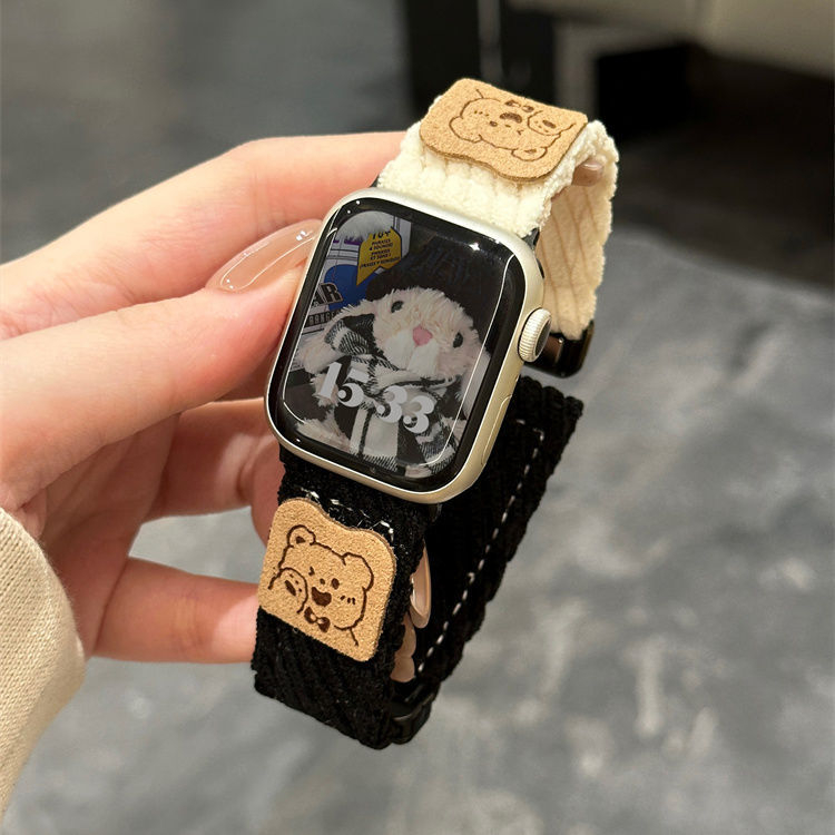 Remen za Apple Watch 22 mm s plišanim medvjedom, karikatura dizajn, magnetska kopča, corduroy, kompatibilan sa SE, jesen-zima.