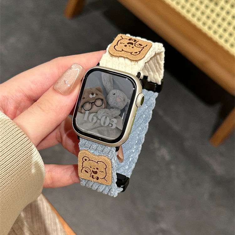 Remen za Apple Watch 22 mm s plišanim medvjedom, karikatura dizajn, magnetska kopča, corduroy, kompatibilan sa SE, jesen-zima.
