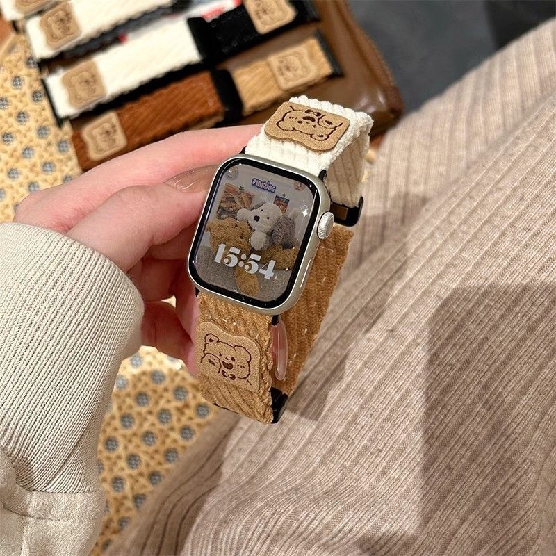 Remen za Apple Watch 22 mm s plišanim medvjedom, karikatura dizajn, magnetska kopča, corduroy, kompatibilan sa SE, jesen-zima.