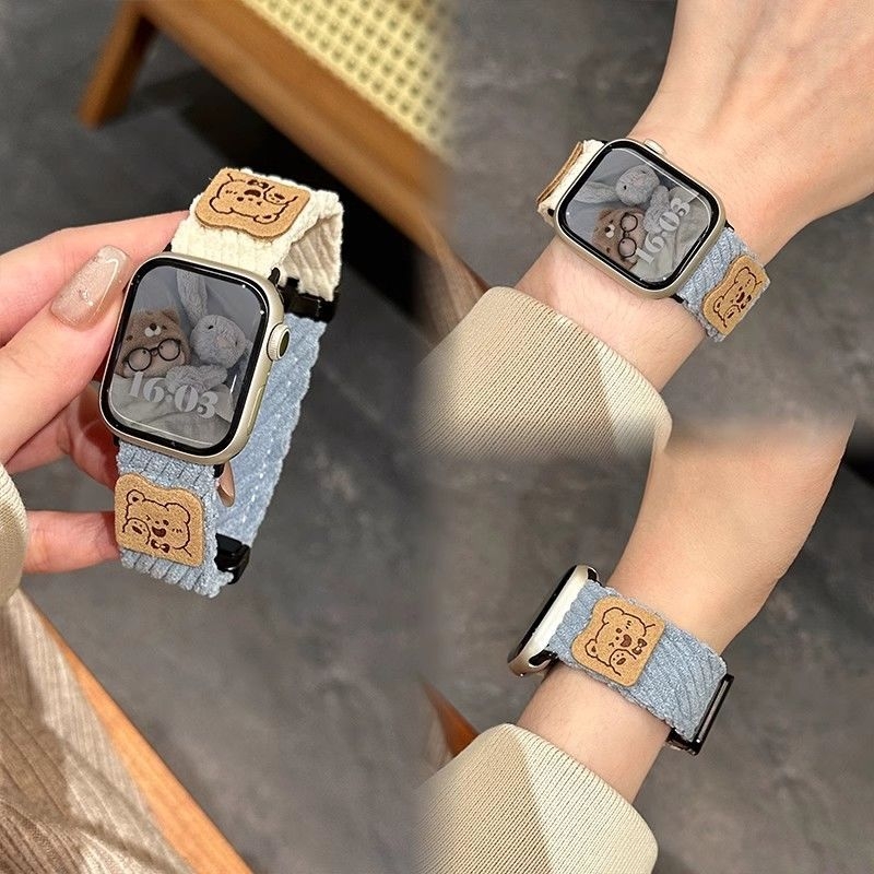 Remen za Apple Watch 22 mm s plišanim medvjedom, karikatura dizajn, magnetska kopča, corduroy, kompatibilan sa SE, jesen-zima.