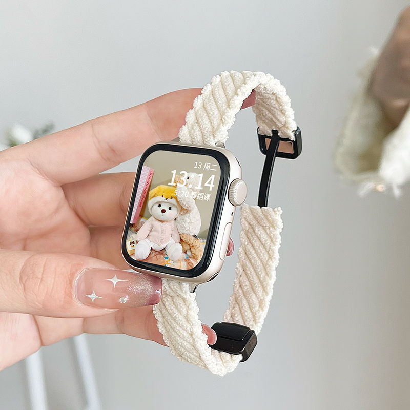 Remen za Apple Watch 22 mm s plišanim medvjedom, karikatura dizajn, magnetska kopča, corduroy, kompatibilan sa SE, jesen-zima.