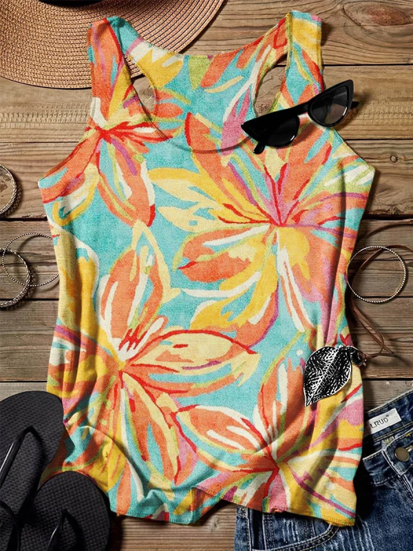 Top dama în stil sling, croială liberă, imprimeu 3D, țesătură imitation de bumbac cu 70–80% poliester