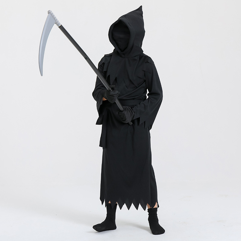 Dječji Halloween cosplay kostim Grim Reaper sa svijetlećim naočalama, unisex, tkanina poliester-spandeks, za scenske nastupe, za uzrast do 17 godina