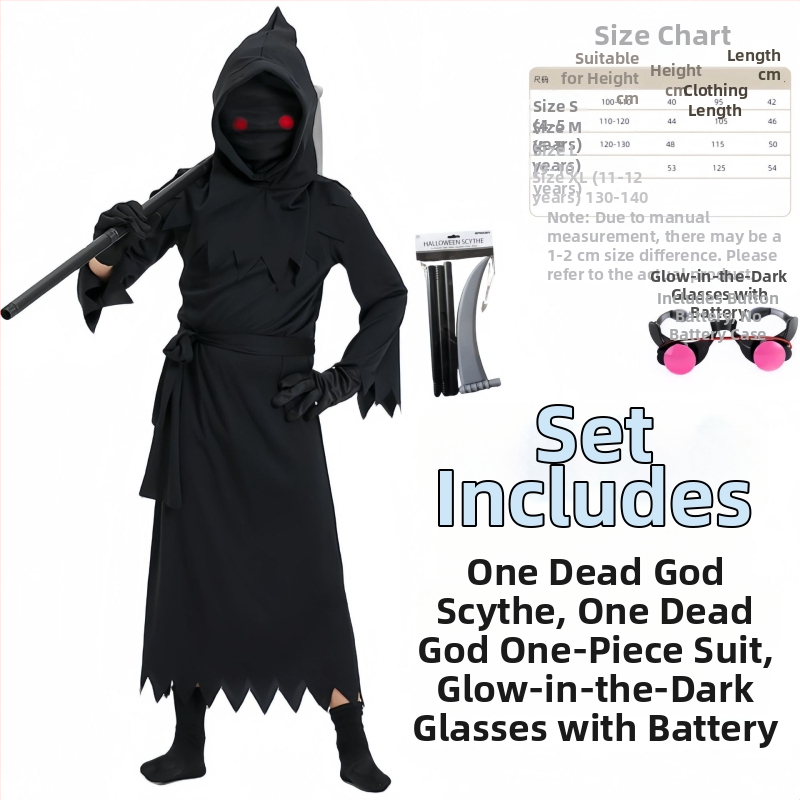 Dječji Halloween cosplay kostim Grim Reaper sa svijetlećim naočalama, unisex, tkanina poliester-spandeks, za scenske nastupe, za uzrast do 17 godina