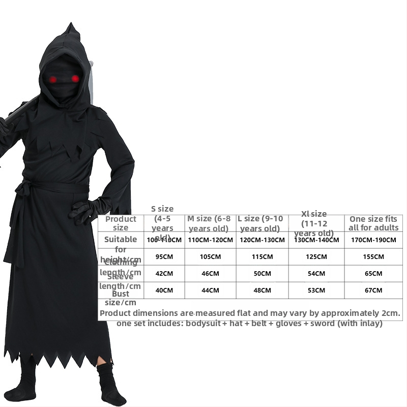 Dječji Halloween cosplay kostim Grim Reaper sa svijetlećim naočalama, unisex, tkanina poliester-spandeks, za scenske nastupe, za uzrast do 17 godina