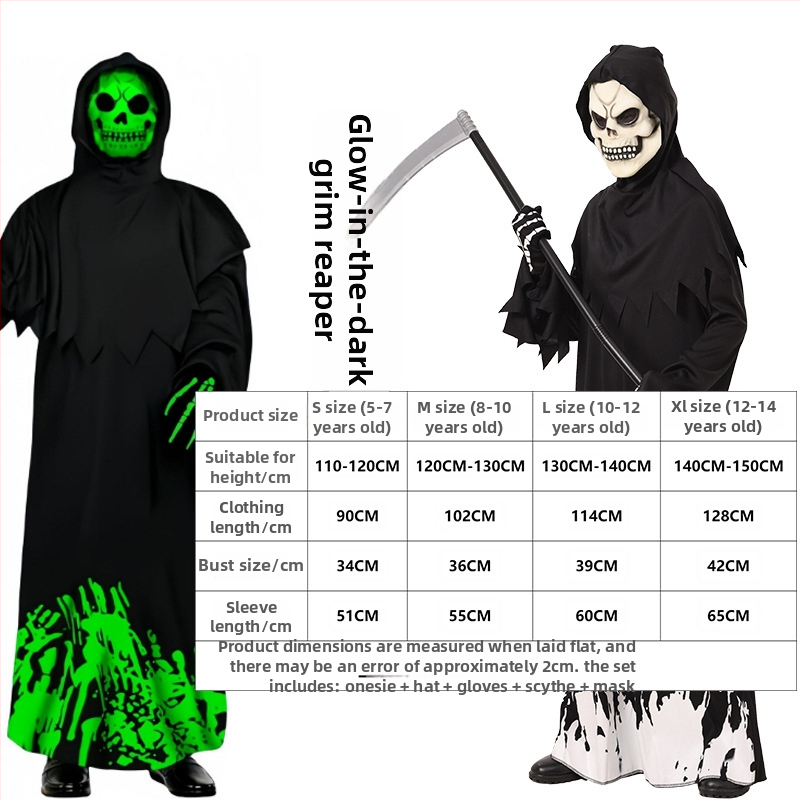 Dječji Halloween cosplay kostim Grim Reaper sa svijetlećim naočalama, unisex, tkanina poliester-spandeks, za scenske nastupe, za uzrast do 17 godina