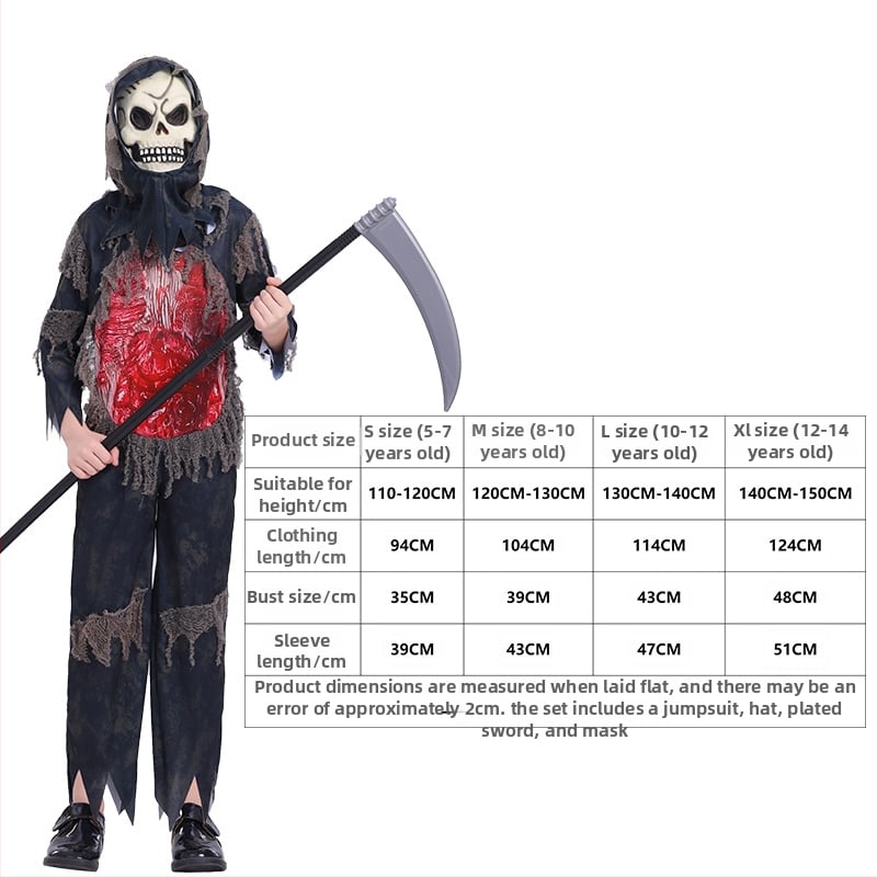 Dječji Halloween cosplay kostim Grim Reaper sa svijetlećim naočalama, unisex, tkanina poliester-spandeks, za scenske nastupe, za uzrast do 17 godina