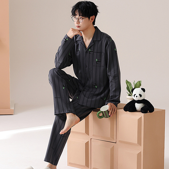 Muške pidžame od pamuka — kardigan stil, dugi rukav, ovratnik s reverom, 100% pamuk, 161–180 g/m2, jesensko-zimski kućni set