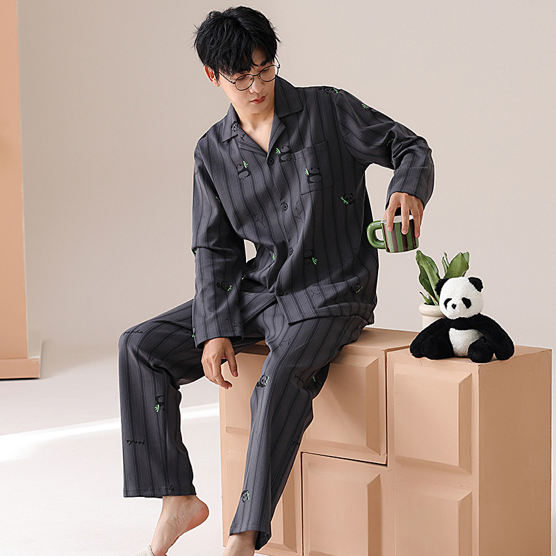 Muške pidžame od pamuka — kardigan stil, dugi rukav, ovratnik s reverom, 100% pamuk, 161–180 g/m2, jesensko-zimski kućni set