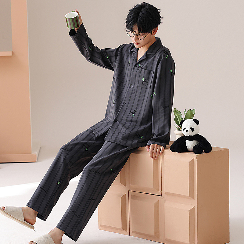 Muške pidžame od pamuka — kardigan stil, dugi rukav, ovratnik s reverom, 100% pamuk, 161–180 g/m2, jesensko-zimski kućni set