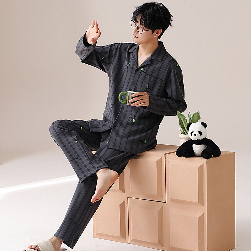 Muške pidžame od pamuka — kardigan stil, dugi rukav, ovratnik s reverom, 100% pamuk, 161–180 g/m2, jesensko-zimski kućni set