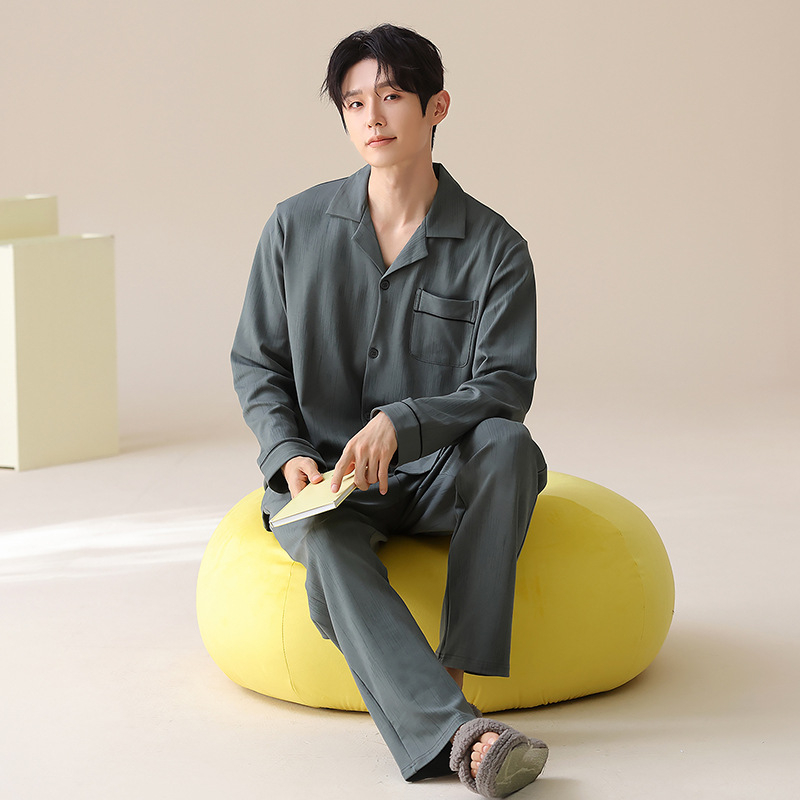 Muške pidžame od pamuka — kardigan stil, dugi rukav, ovratnik s reverom, 100% pamuk, 161–180 g/m2, jesensko-zimski kućni set