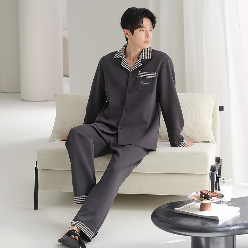 Muške pidžame od pamuka — kardigan stil, dugi rukav, ovratnik s reverom, 100% pamuk, 161–180 g/m2, jesensko-zimski kućni set