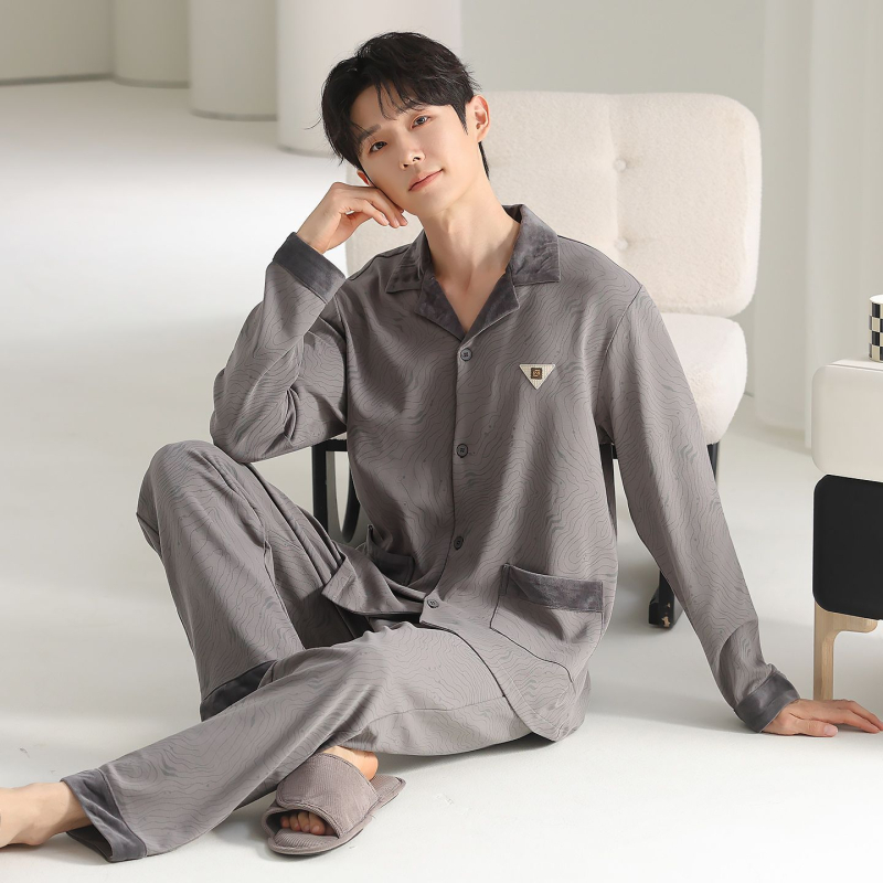 Muške pidžame od pamuka — kardigan stil, dugi rukav, ovratnik s reverom, 100% pamuk, 161–180 g/m2, jesensko-zimski kućni set