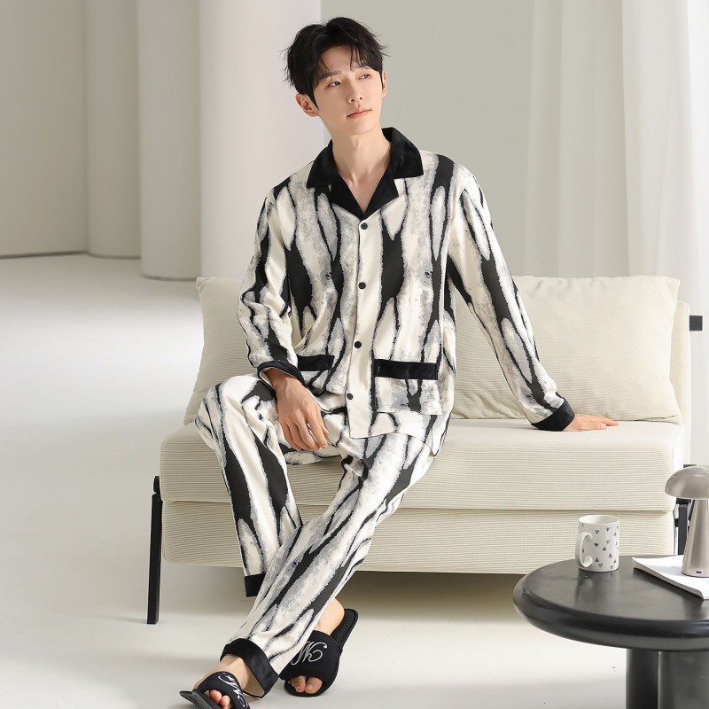 Muške pidžame od pamuka — kardigan stil, dugi rukav, ovratnik s reverom, 100% pamuk, 161–180 g/m2, jesensko-zimski kućni set
