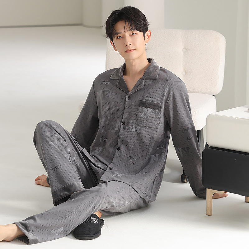Muške pidžame od pamuka — kardigan stil, dugi rukav, ovratnik s reverom, 100% pamuk, 161–180 g/m2, jesensko-zimski kućni set