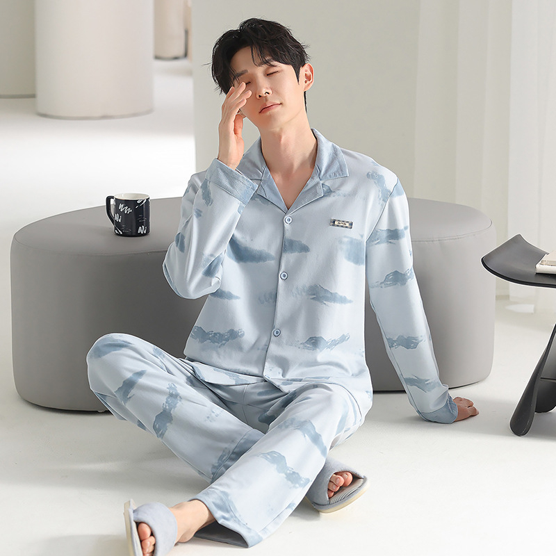 Muške pidžame od pamuka — kardigan stil, dugi rukav, ovratnik s reverom, 100% pamuk, 161–180 g/m2, jesensko-zimski kućni set