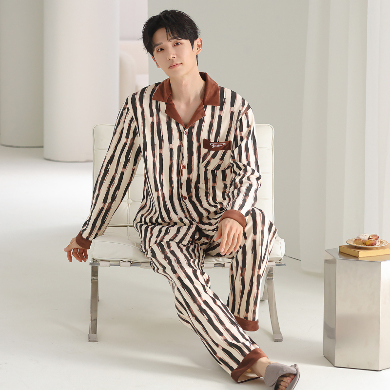 Muške pidžame od pamuka — kardigan stil, dugi rukav, ovratnik s reverom, 100% pamuk, 161–180 g/m2, jesensko-zimski kućni set