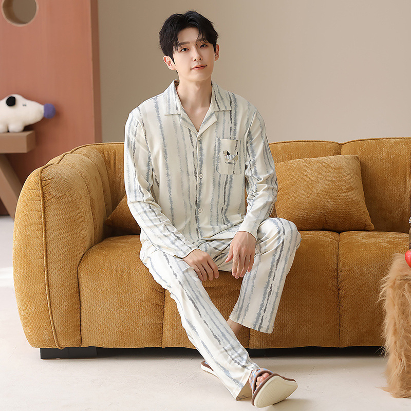 Muške pidžame od pamuka — kardigan stil, dugi rukav, ovratnik s reverom, 100% pamuk, 161–180 g/m2, jesensko-zimski kućni set