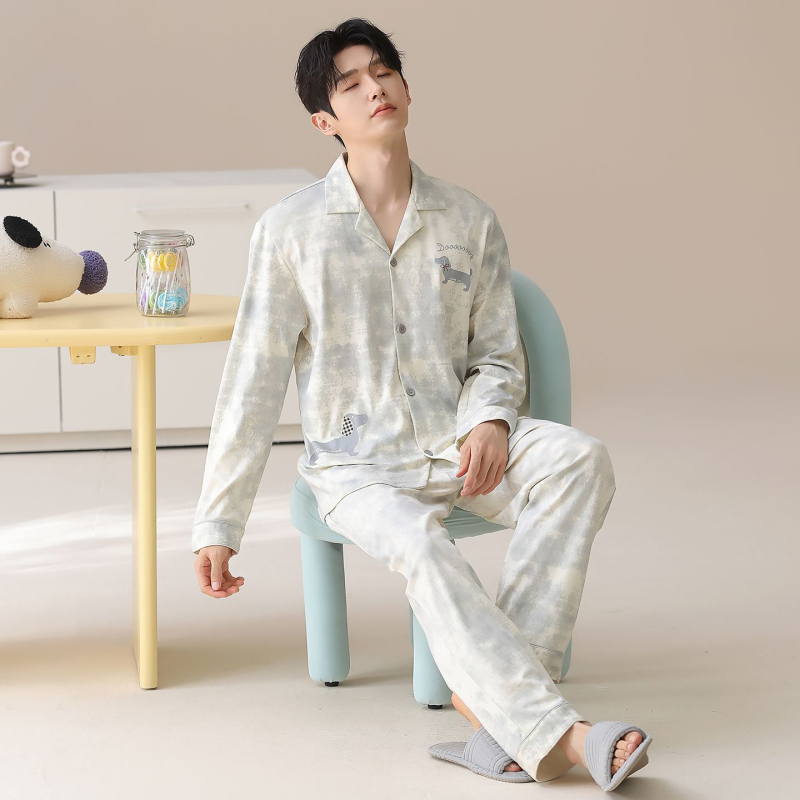 Muške pidžame od pamuka — kardigan stil, dugi rukav, ovratnik s reverom, 100% pamuk, 161–180 g/m2, jesensko-zimski kućni set