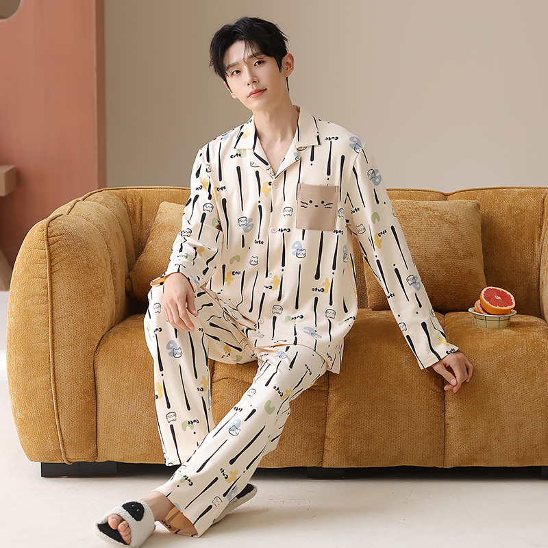 Muške pidžame od pamuka — kardigan stil, dugi rukav, ovratnik s reverom, 100% pamuk, 161–180 g/m2, jesensko-zimski kućni set