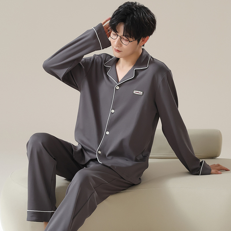 Muške pidžame od pamuka — kardigan stil, dugi rukav, ovratnik s reverom, 100% pamuk, 161–180 g/m2, jesensko-zimski kućni set