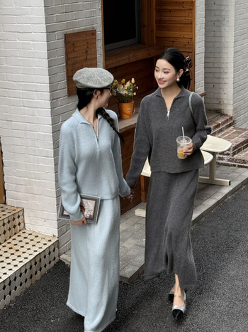 Фенна Фу комплект: плетена блуза и дълга пола, едноцветен, полиестер-еластанова смес, есен 2025, корейско-японски небрежен стил