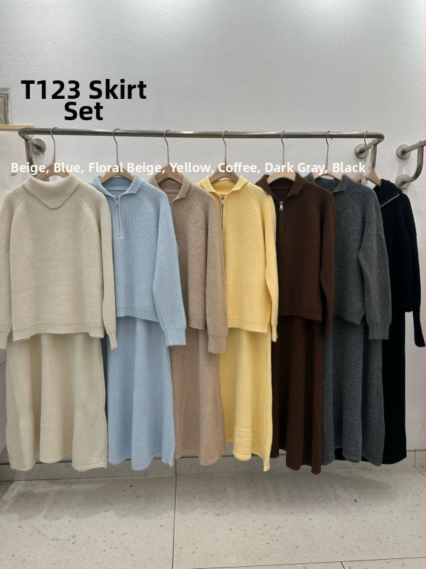 Фенна Фу комплект: плетена блуза и дълга пола, едноцветен, полиестер-еластанова смес, есен 2025, корейско-японски небрежен стил