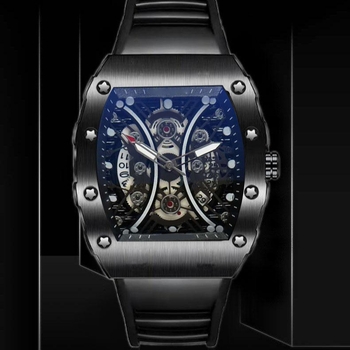 Vīriešu pulkstenis ar barila formas korpusu, skeletizēts ciparnīca, kvarca kustība, nerūsējošā tērauda korpuss, gumijas siksna, 10 m ūdensizturība