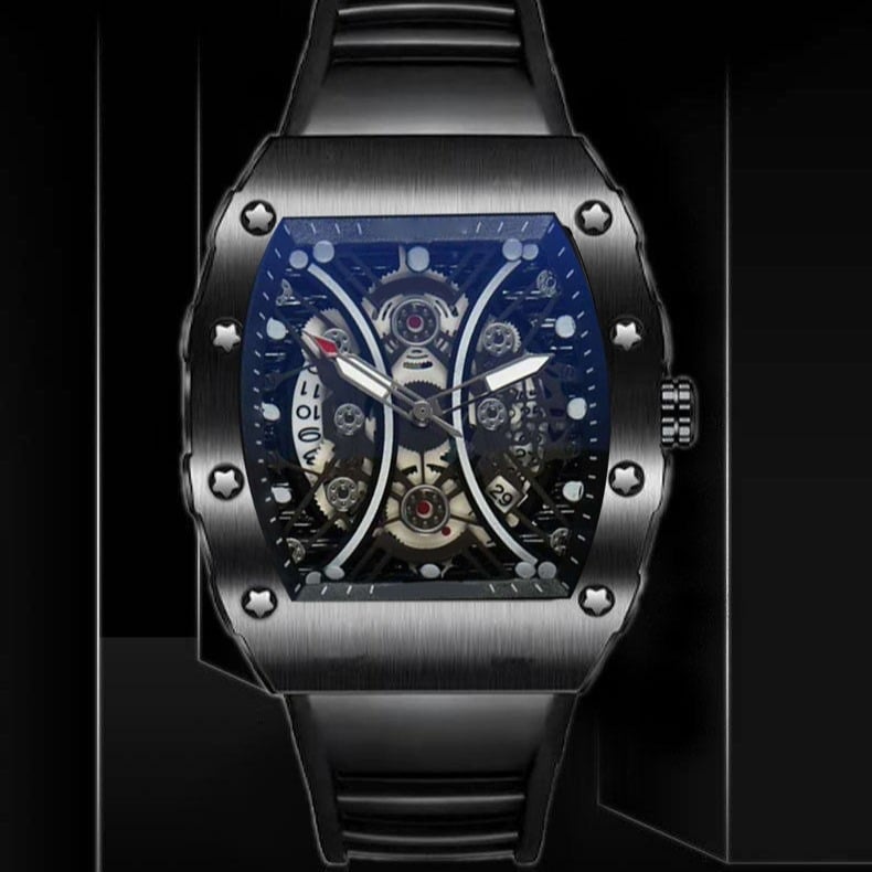 Vīriešu pulkstenis ar barila formas korpusu, skeletizēts ciparnīca, kvarca kustība, nerūsējošā tērauda korpuss, gumijas siksna, 10 m ūdensizturība