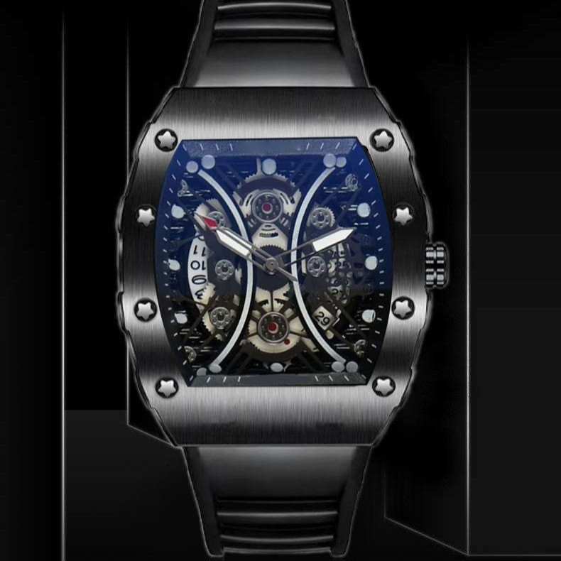 Vīriešu pulkstenis ar barila formas korpusu, skeletizēts ciparnīca, kvarca kustība, nerūsējošā tērauda korpuss, gumijas siksna, 10 m ūdensizturība